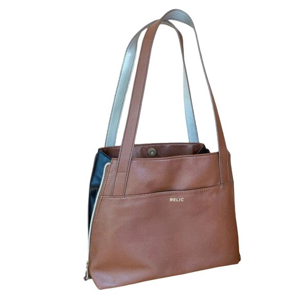 Relic by Fossil brown and black faux leather bag with expandable zipper sides - Picture 1 of 10